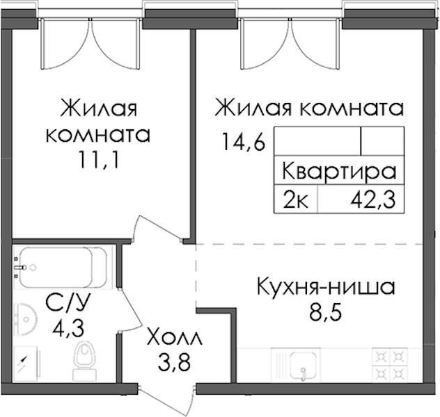 1-комнатная квартира 42.3 м², 2/7 эт., ЖК «Лермонтовский 54»
